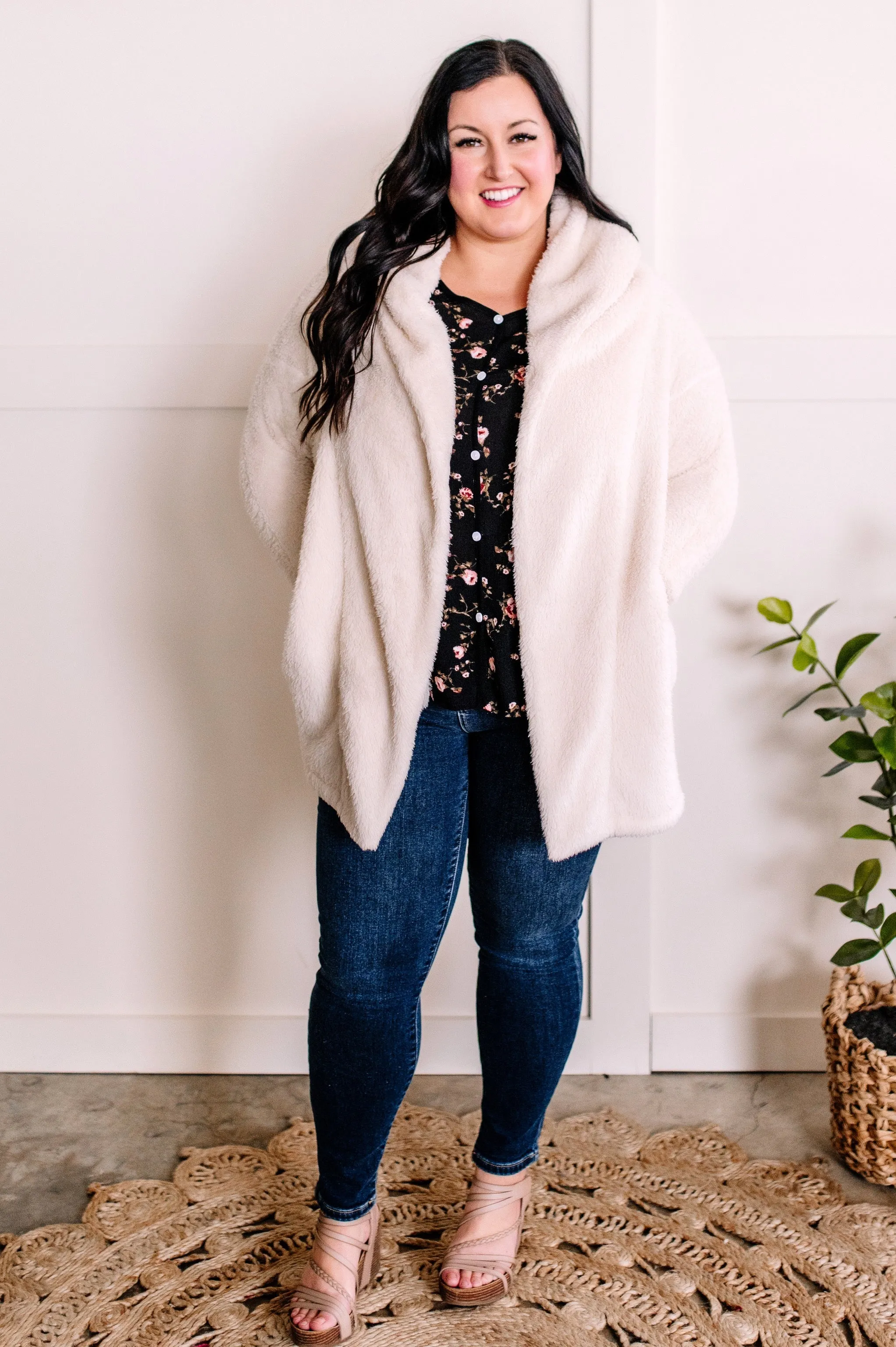 1.15 Open Front Hooded Teddy Cardigan With Pockets In Ivory