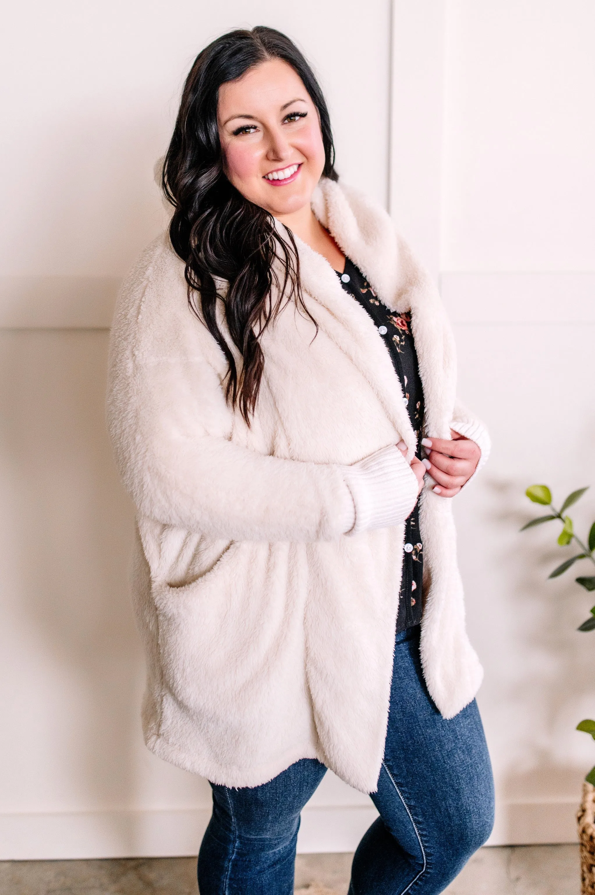 1.15 Open Front Hooded Teddy Cardigan With Pockets In Ivory