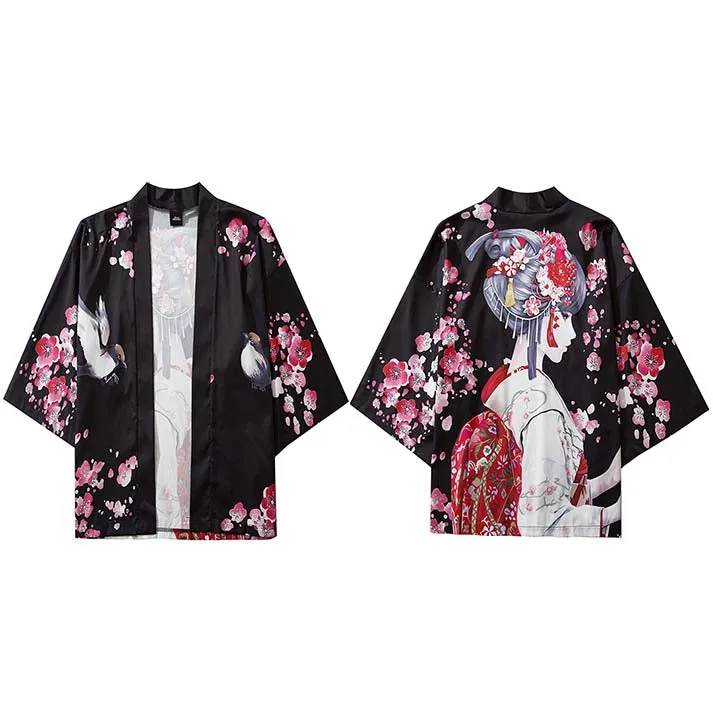 2023 Harajuku Streetwear Kimono Jacket Japanese Geisha Cartoon Hip Hop Men Japan Style Jacket Summer