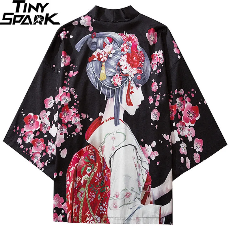 2023 Harajuku Streetwear Kimono Jacket Japanese Geisha Cartoon Hip Hop Men Japan Style Jacket Summer