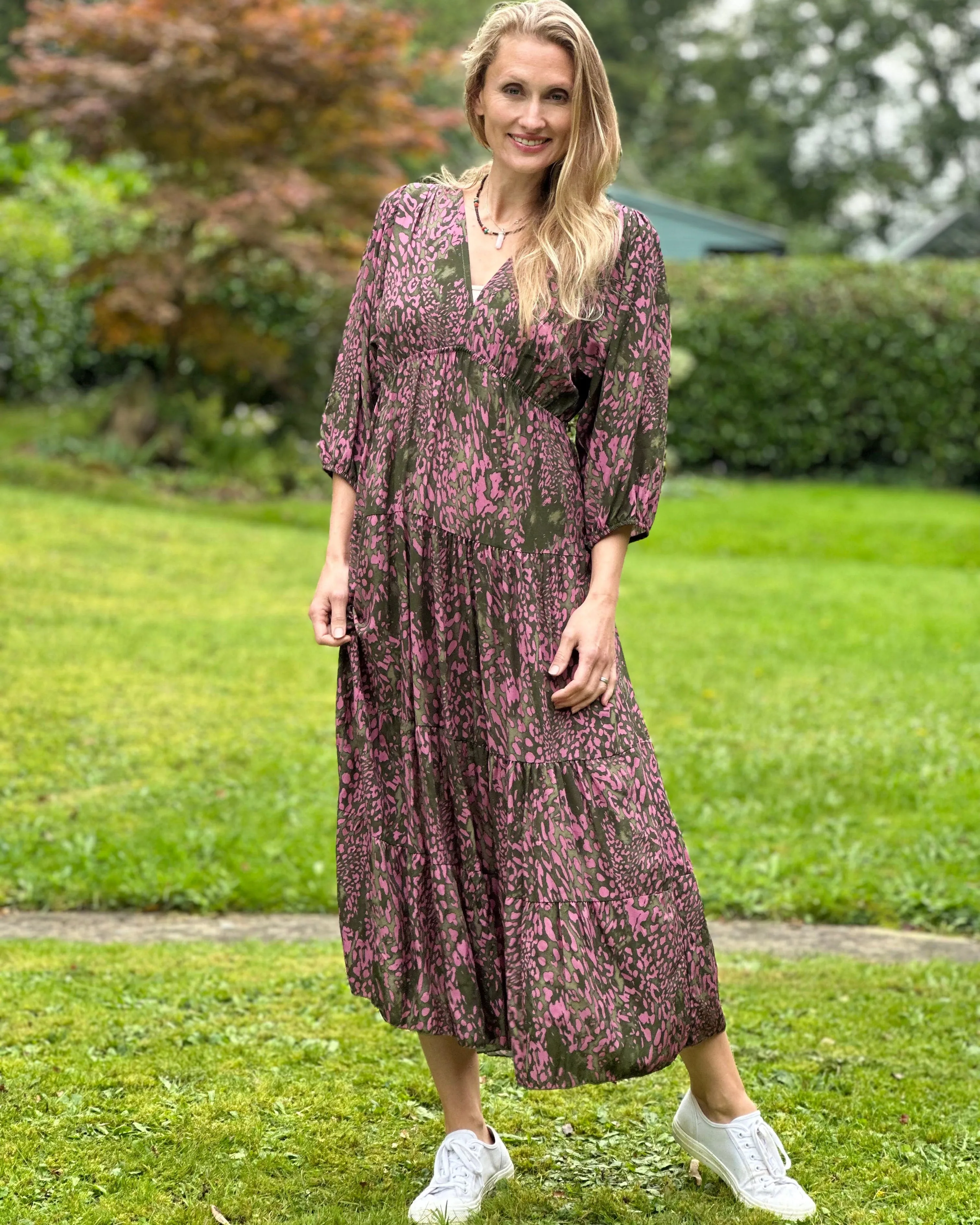 Abstract Print Tiered Maxi Dress - Pink/Khaki