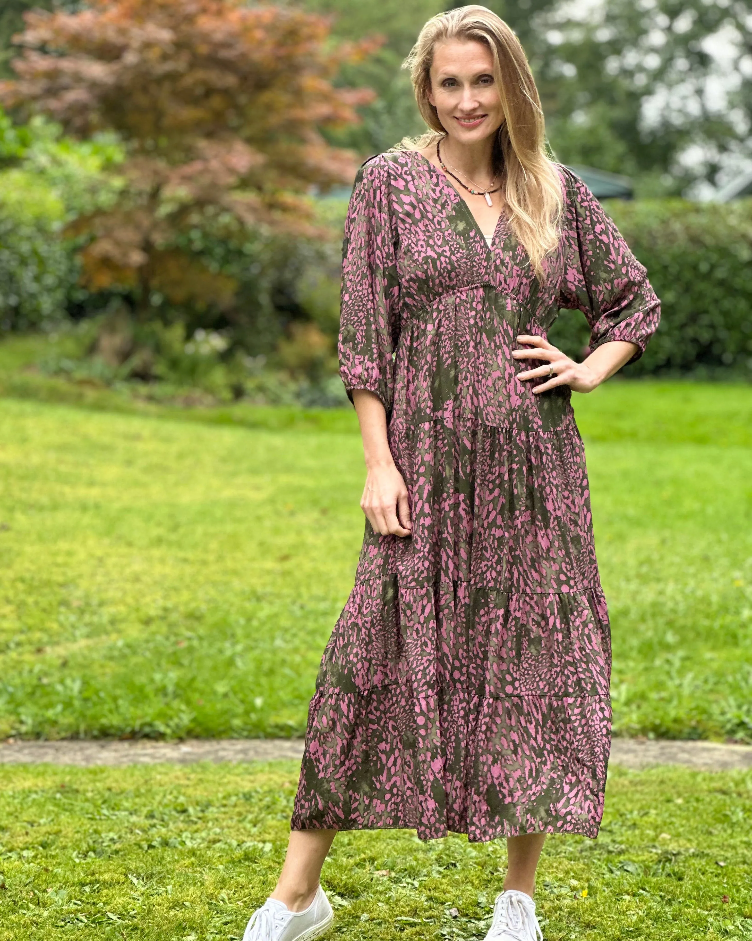 Abstract Print Tiered Maxi Dress - Pink/Khaki