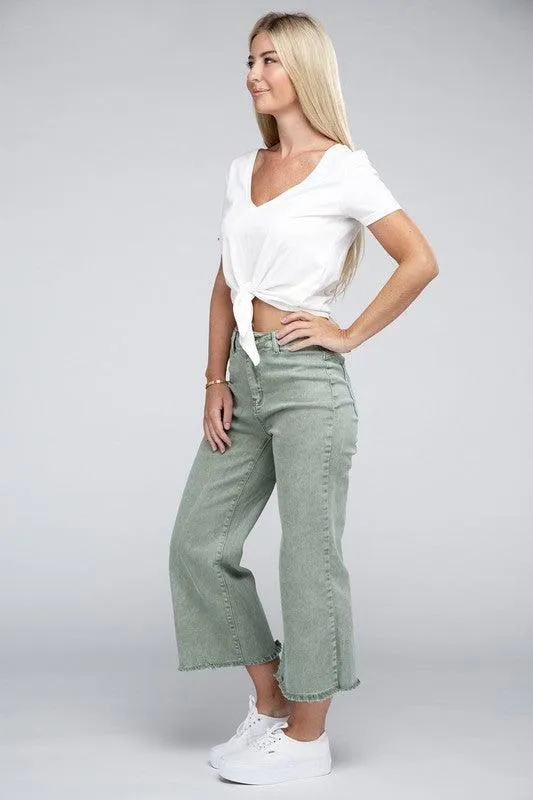 Acid Washed High Waist Frayed Hem Straight Pants Jeans