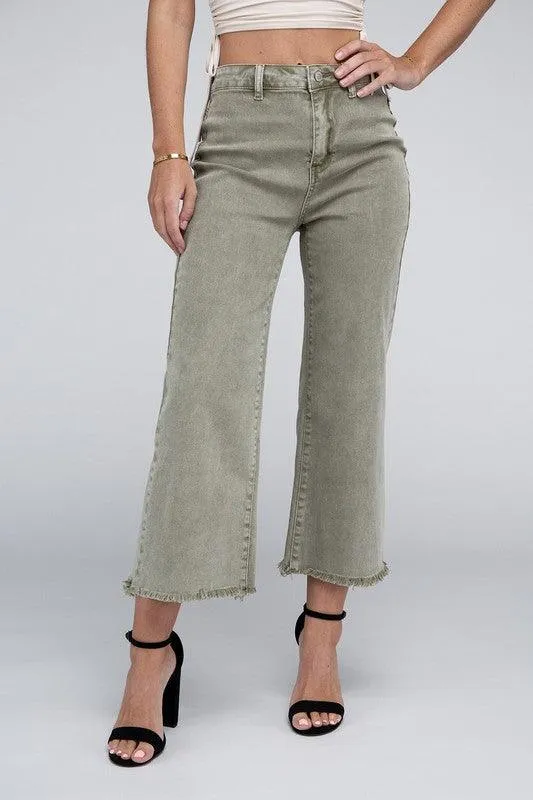 Acid Washed High Waist Frayed Hem Straight Pants Jeans