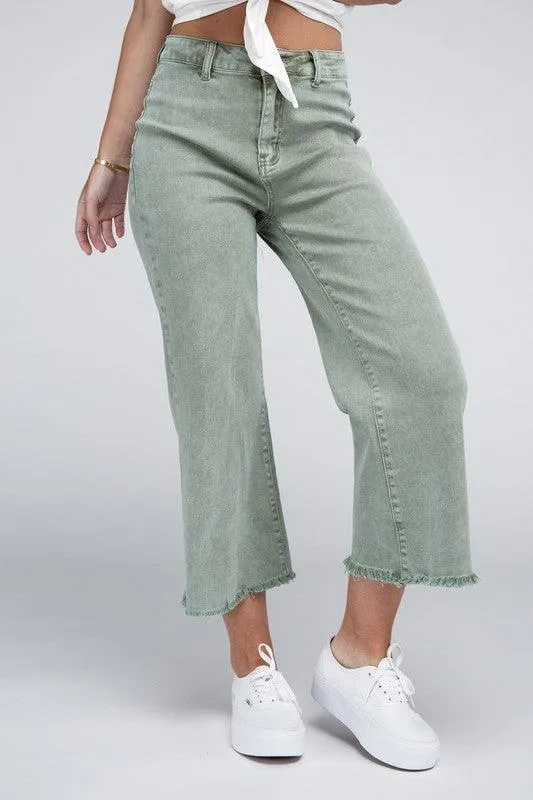 Acid Washed High Waist Frayed Hem Straight Pants Jeans