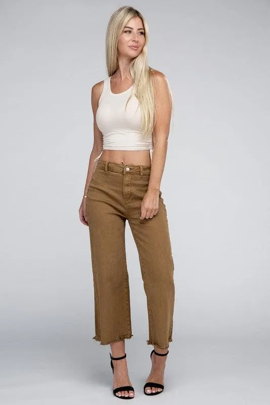 Acid Washed High Waist Frayed Hem Straight Pants Jeans