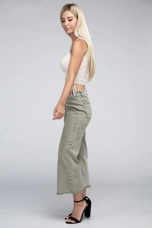 Acid Washed High Waist Frayed Hem Straight Pants Jeans