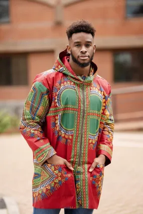 African Hooded Jacket In Red Dashiki