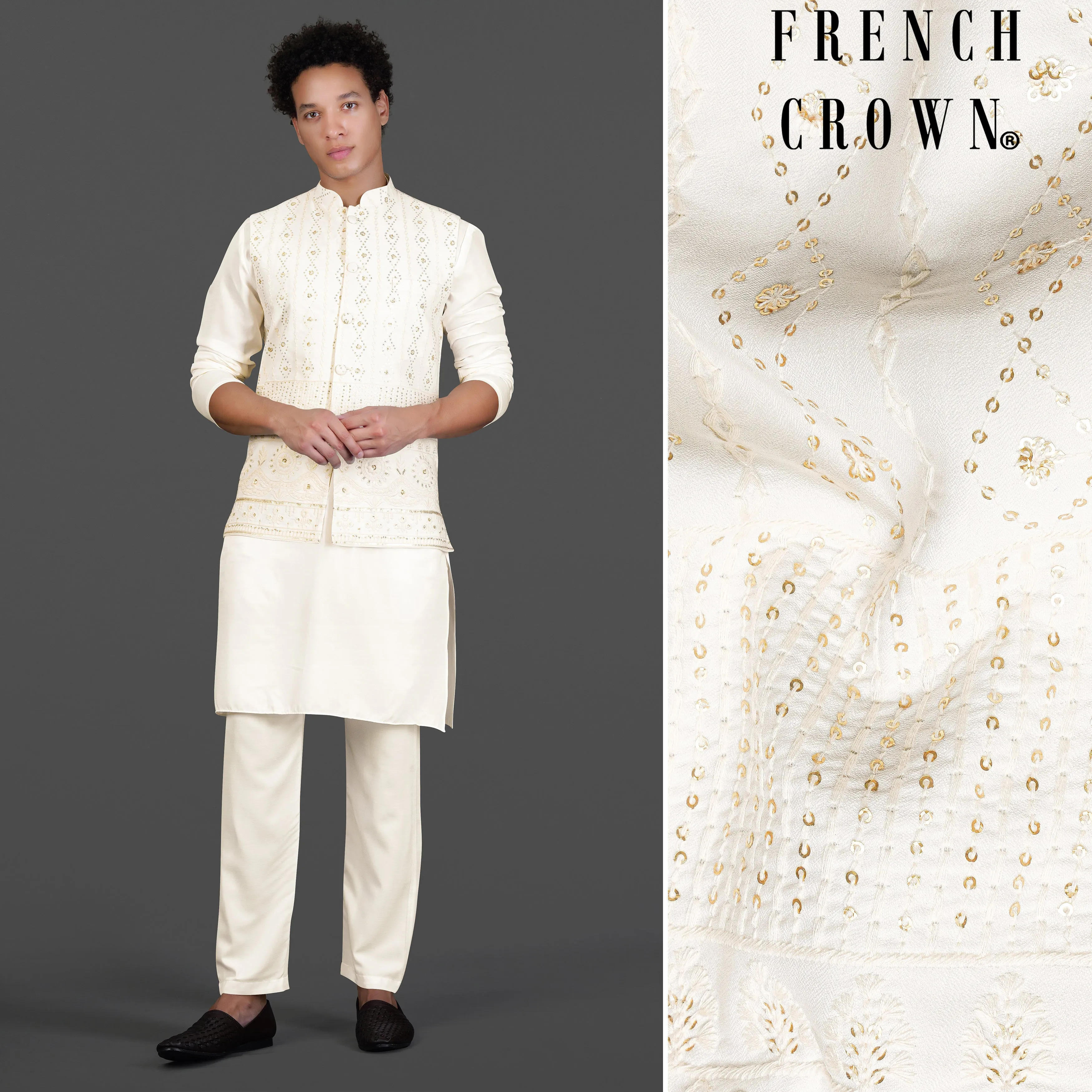 Albescent Cream Kurta Set With Sequin Embroidered Designer Nehru Jacket