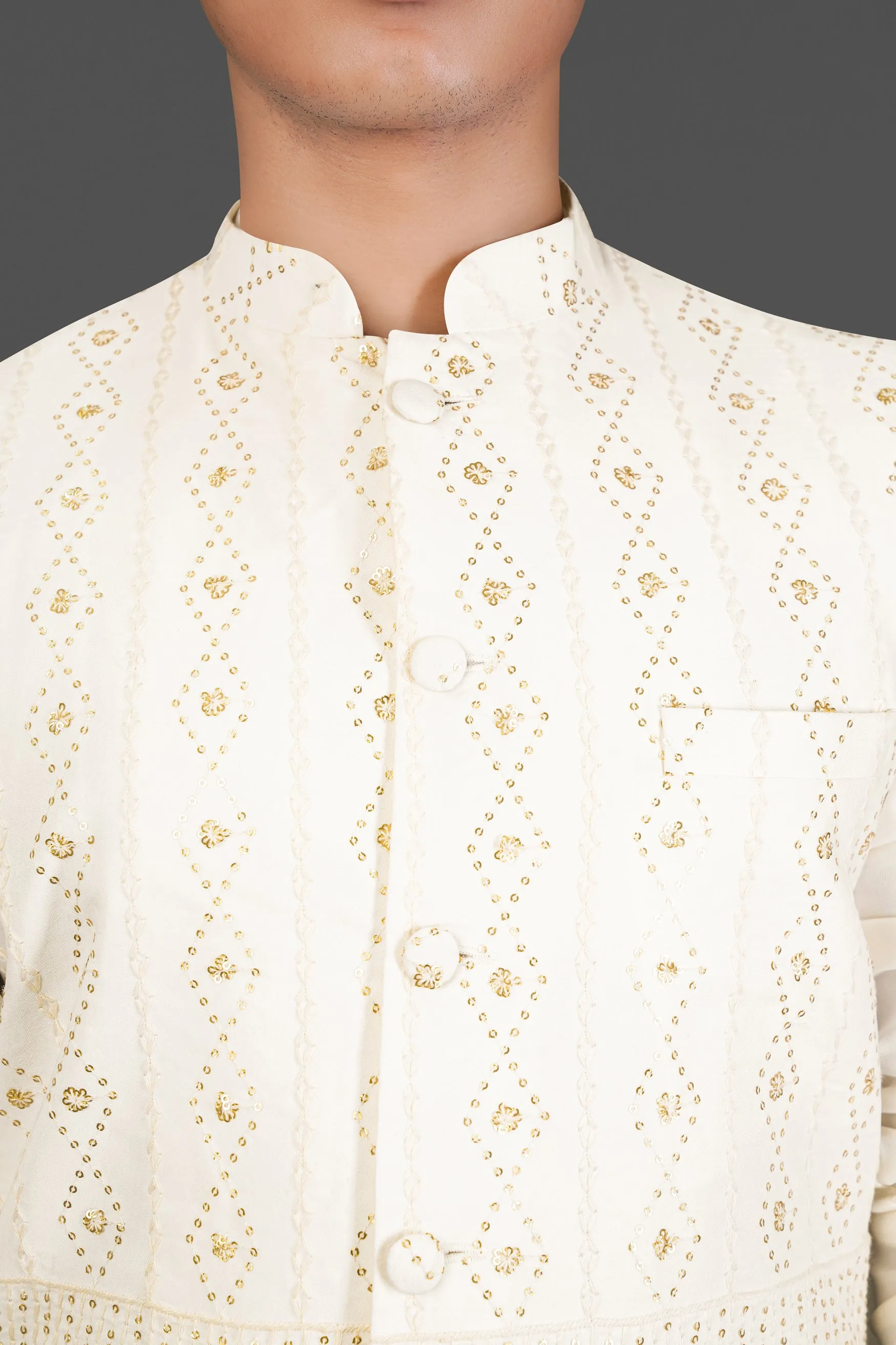 Albescent Cream With Sequin Embroidered Designer Nehru Jacket