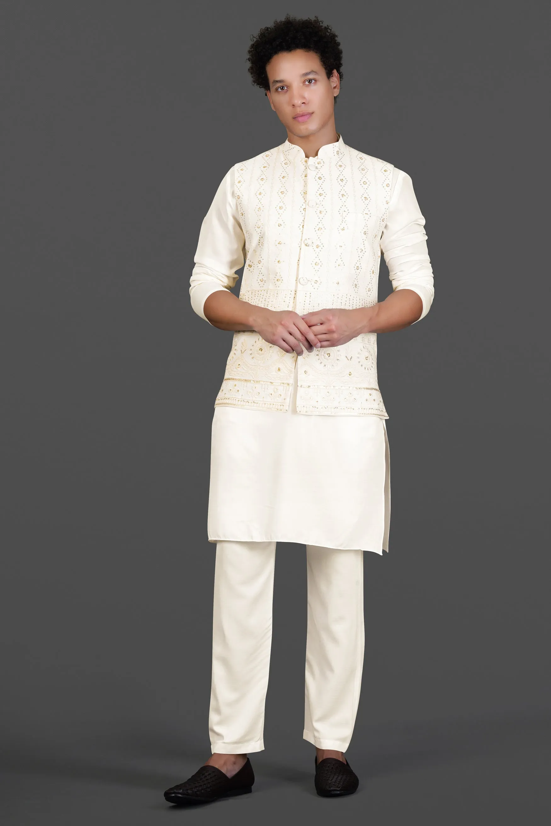 Albescent Cream With Sequin Embroidered Designer Nehru Jacket