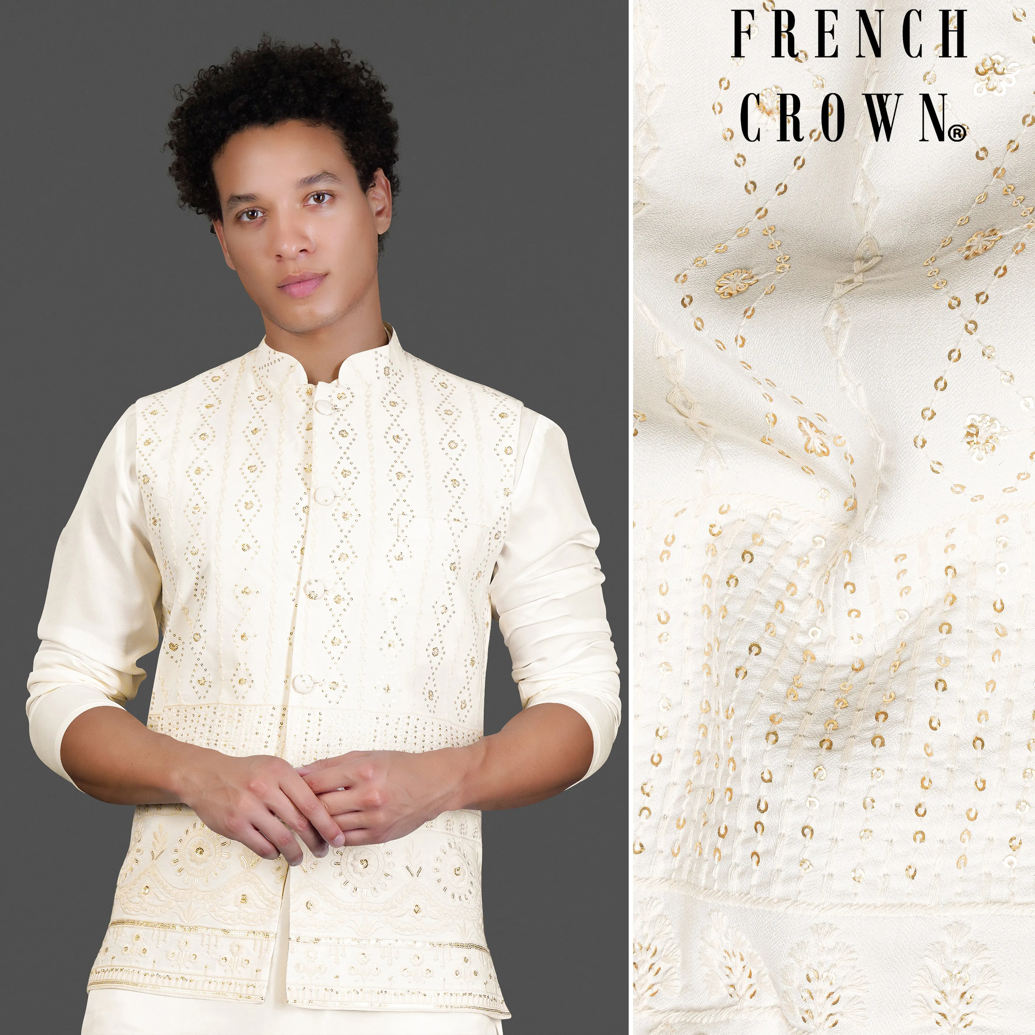 Albescent Cream With Sequin Embroidered Designer Nehru Jacket