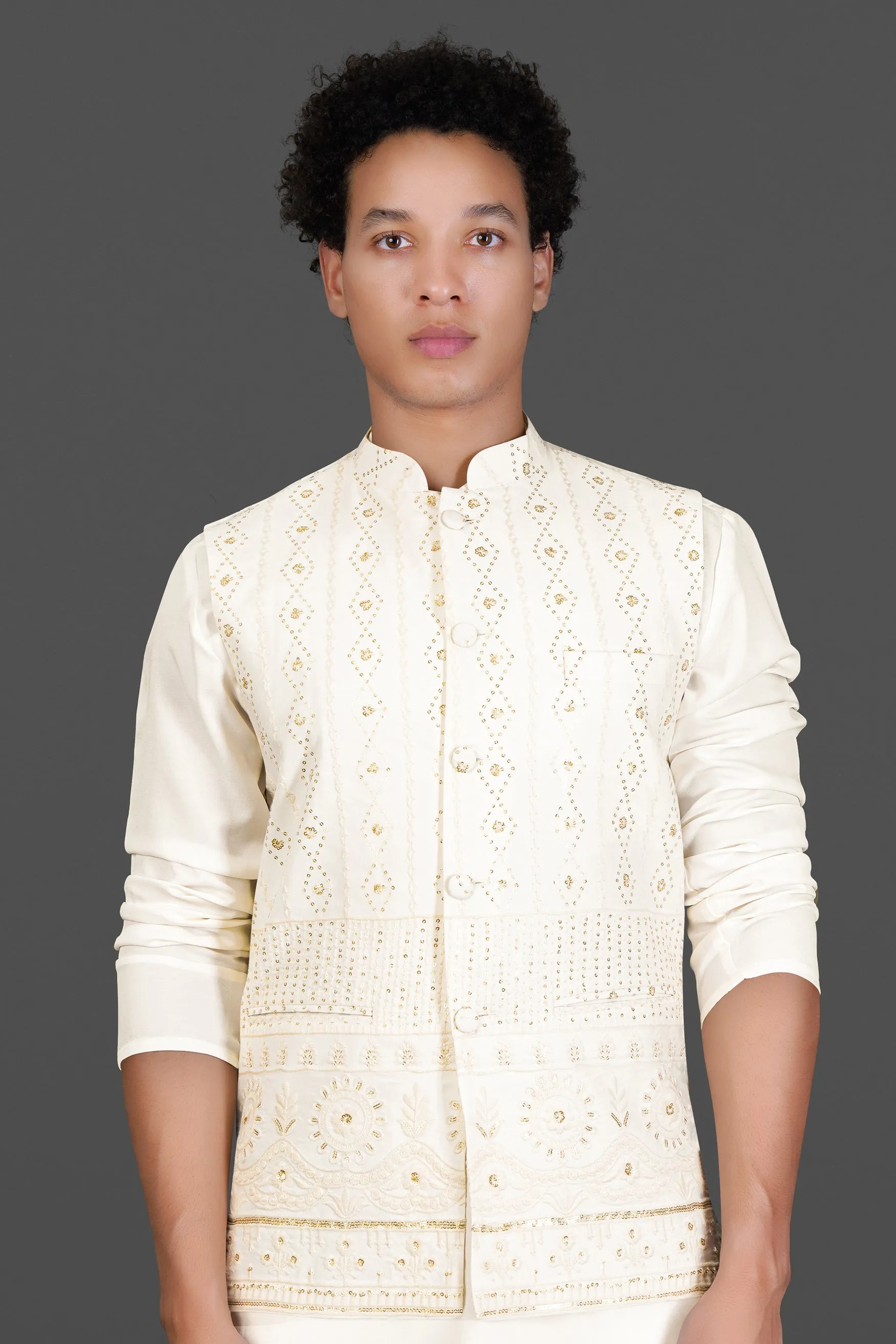 Albescent Cream With Sequin Embroidered Designer Nehru Jacket