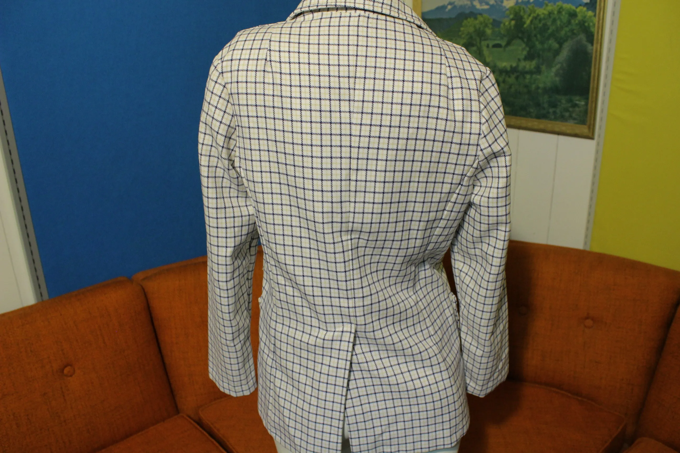 Alex Colman California Vintage 70's White Plaid Women's Suit Jacket Blazer.