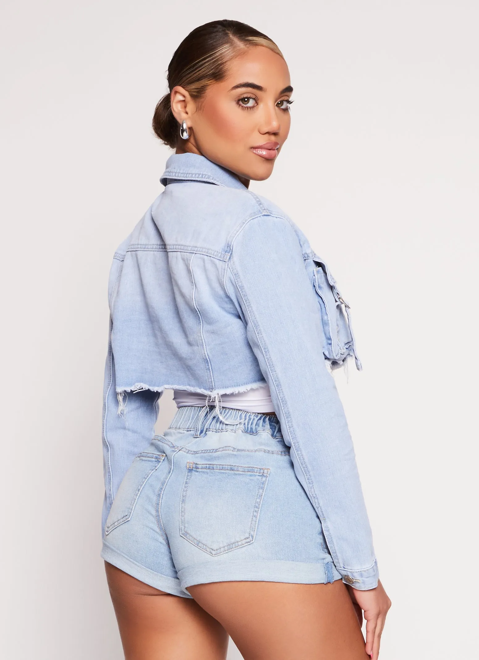 Almost Famous Cargo Pocket Detail Cropped Jean Jacket