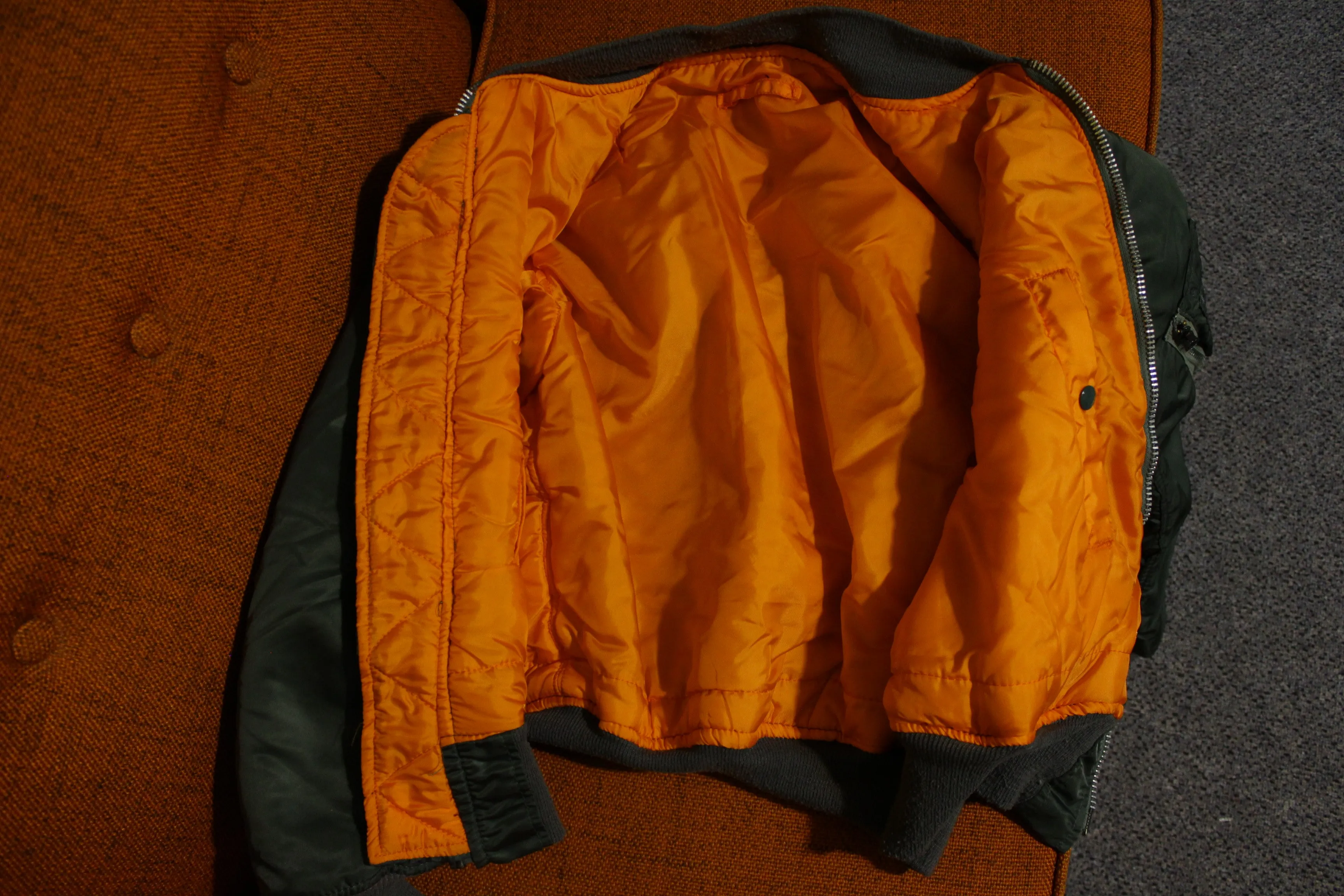 Alpha Industries Vtg MA-1 Flight Bomber Jacket Official Green Orange USA Made Coat