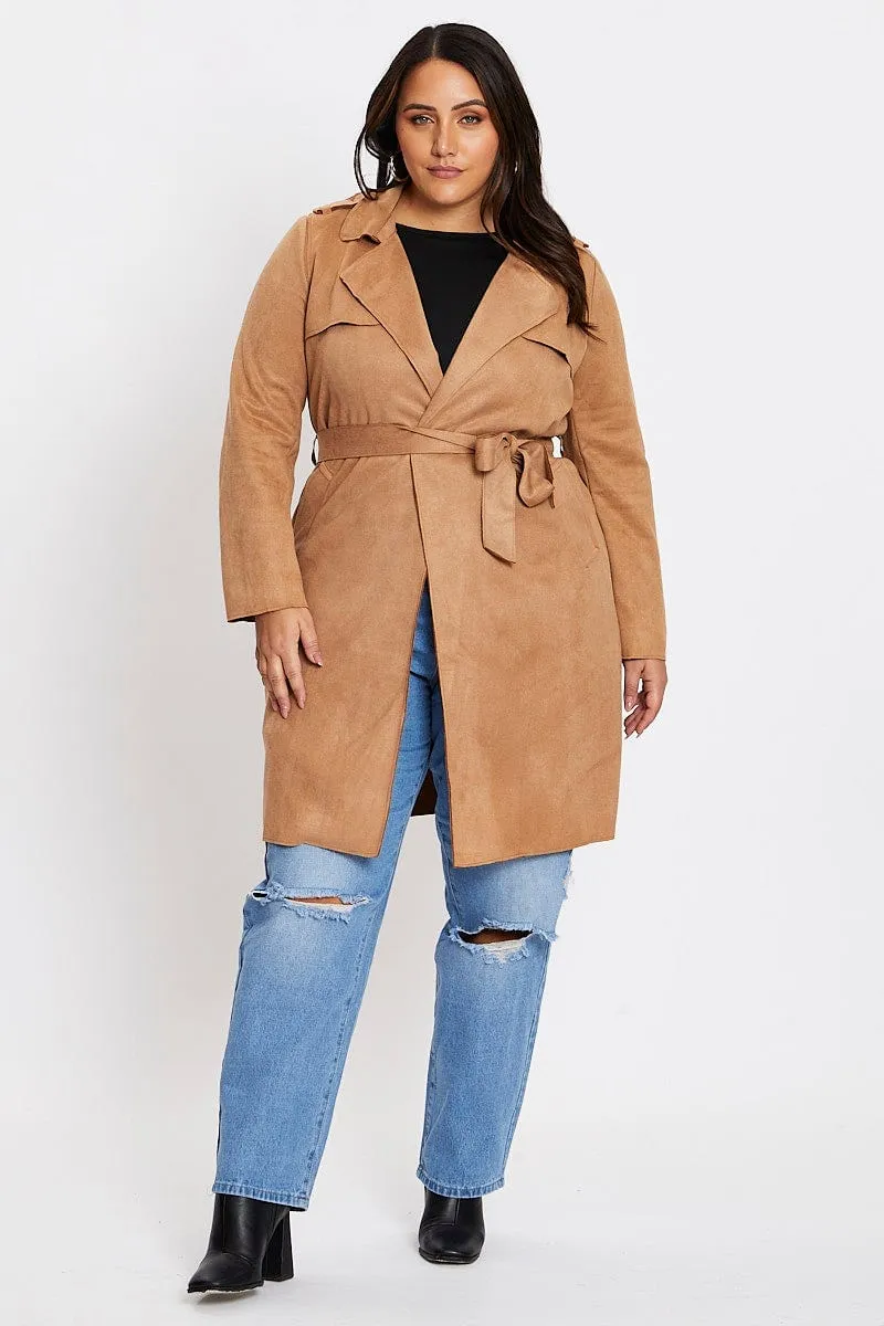 Beige Long Sleeve Suedette Draped Trench Coat