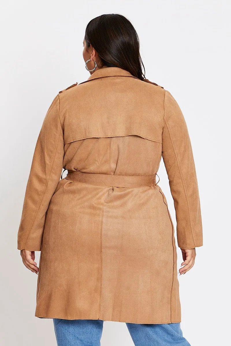 Beige Long Sleeve Suedette Draped Trench Coat