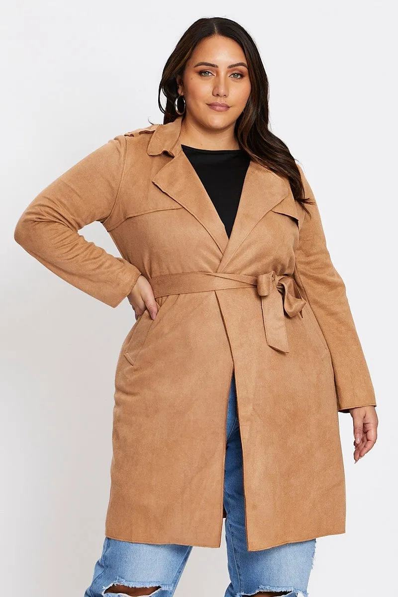 Beige Long Sleeve Suedette Draped Trench Coat