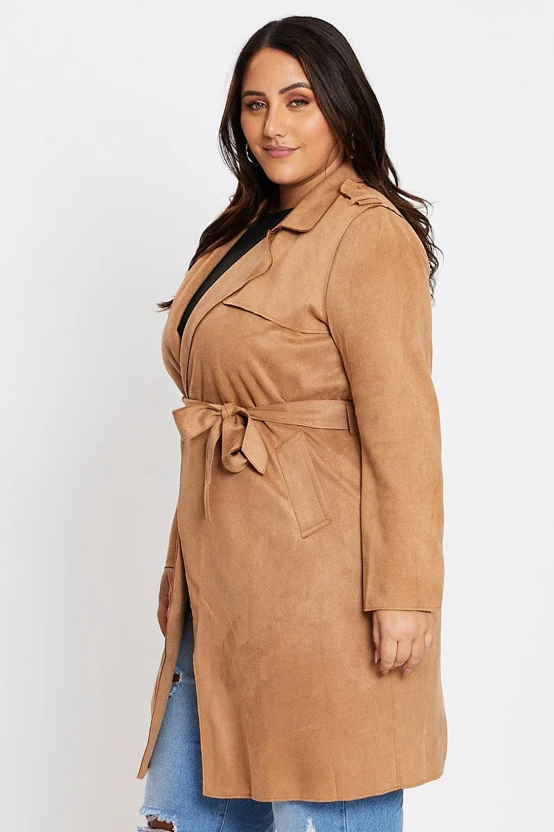 Beige Long Sleeve Suedette Draped Trench Coat