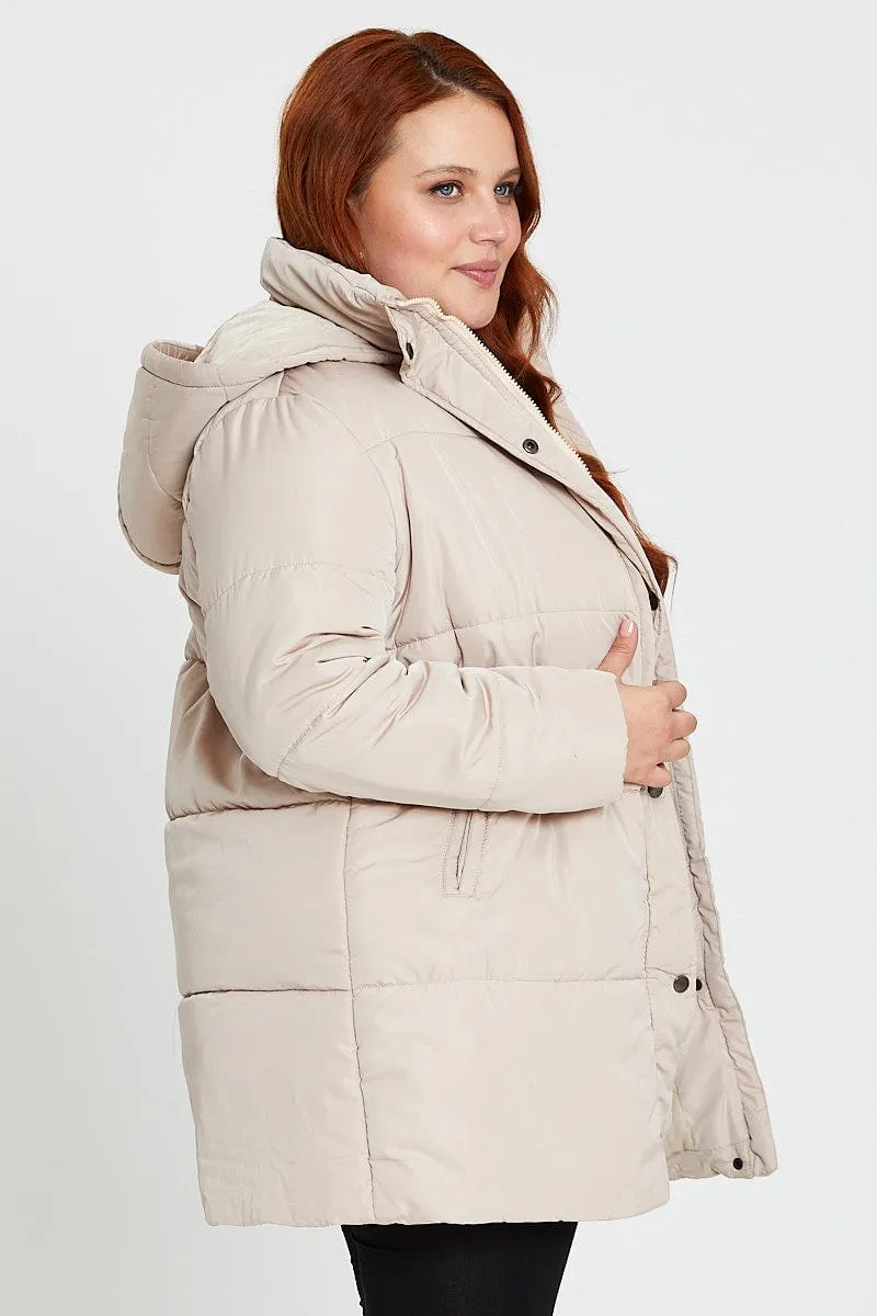 Beige Puffer Jacket Long Sleeve Zip Front Longline