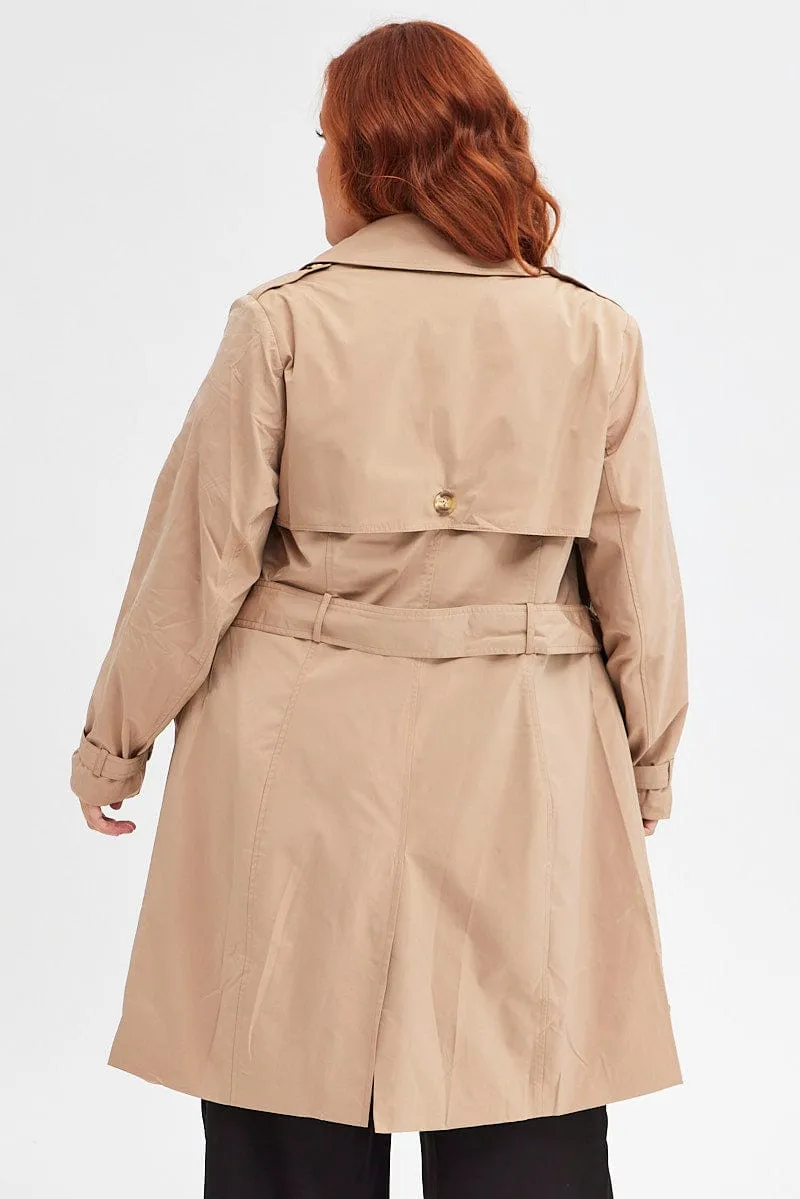 Beige Trench Coat Long Sleeve Belted Lined