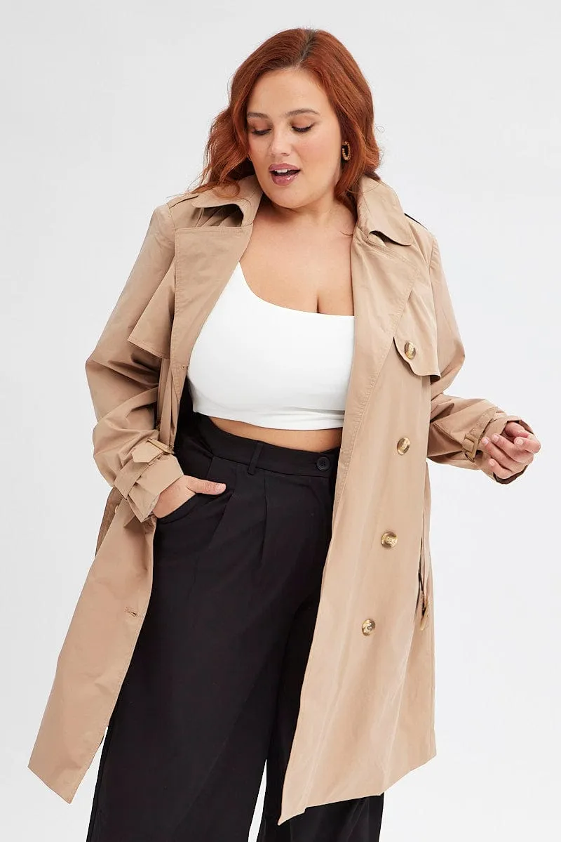 Beige Trench Coat Long Sleeve Belted Lined