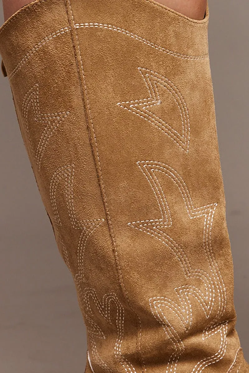 Beige Wide Fit Embroidered Cowboy Boots