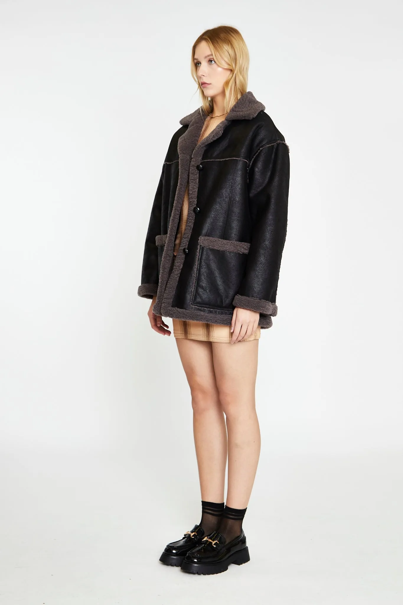 Black Dark-Grey Oversized Shearling Coat