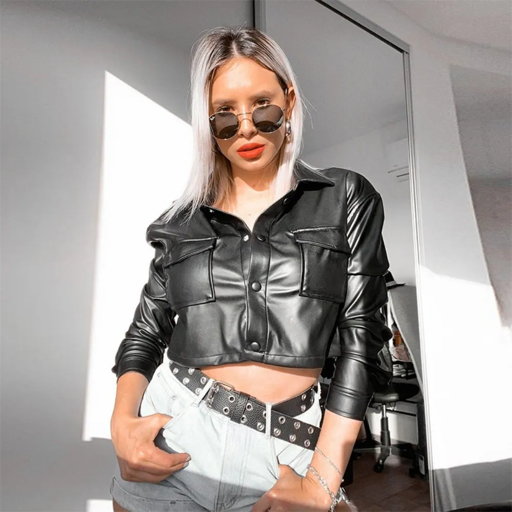 Black Faux Leather Cropped Jacket