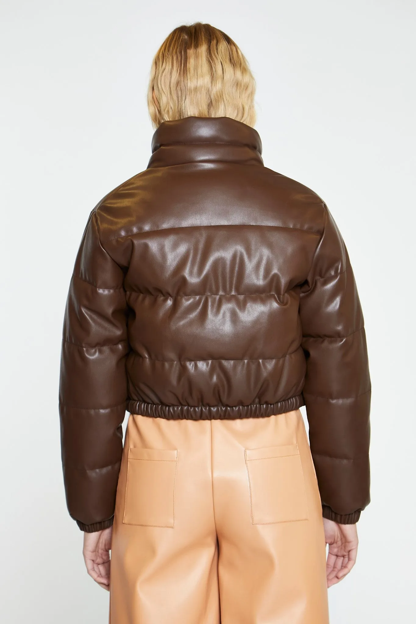 Brown PU Puffer Cropped-Jacket