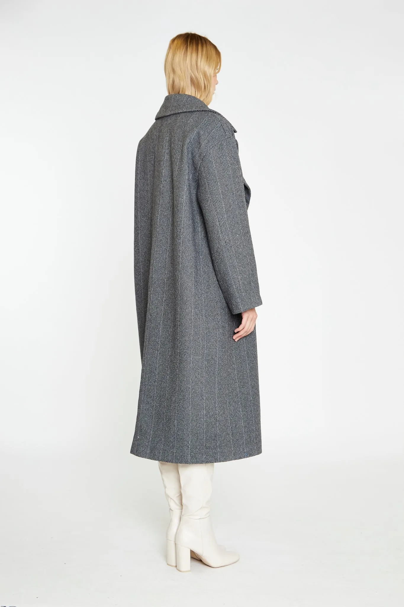 Charcoal-Chevron Oversized Double-Breasted Maxi-Coat