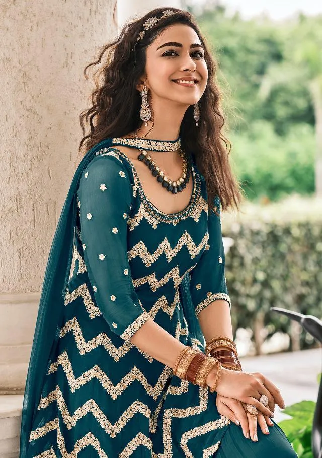 Classy and Elegant Blue Sharara Suit- Rent