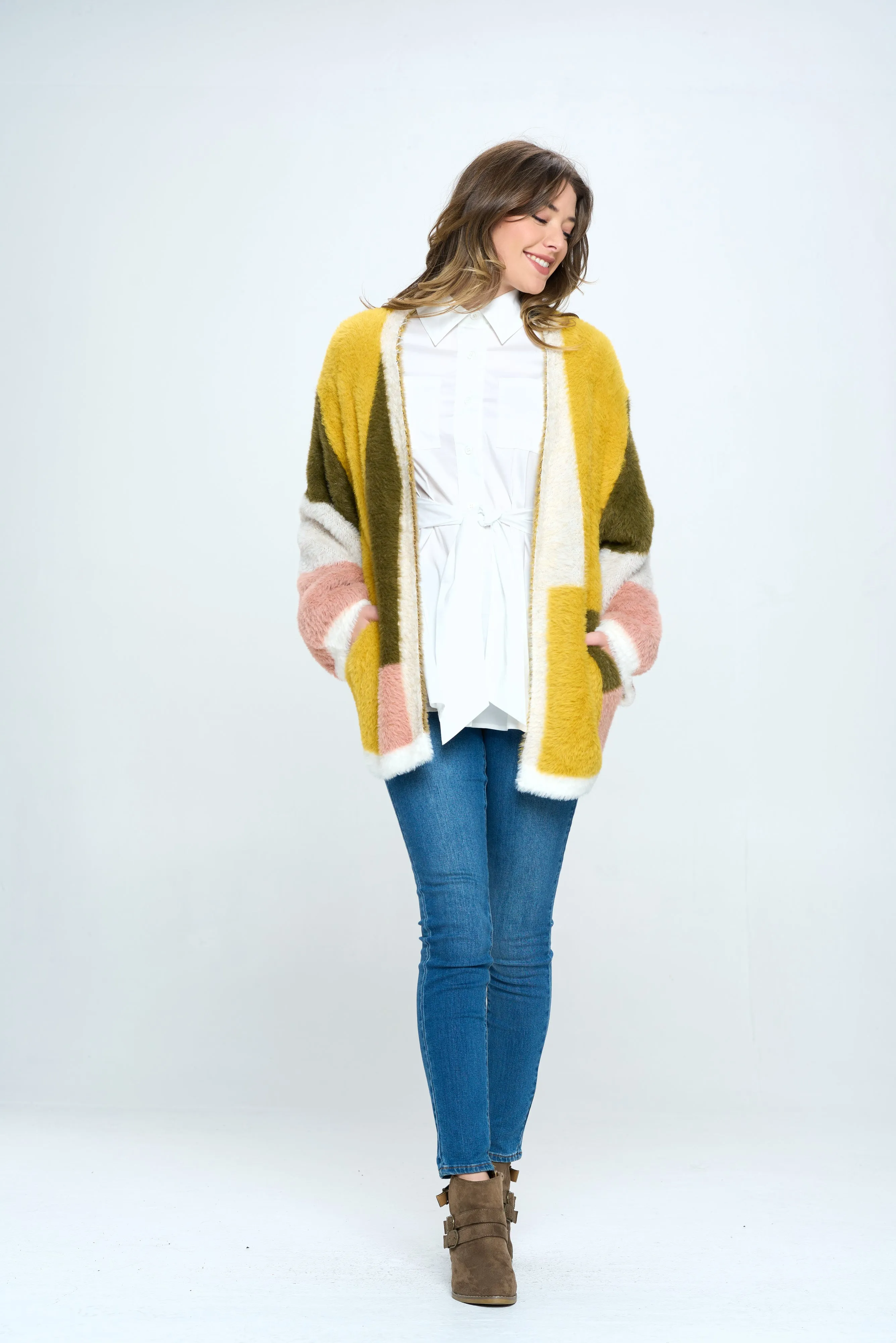 Colorblock Open Front Jacket in Retro Gold For Women