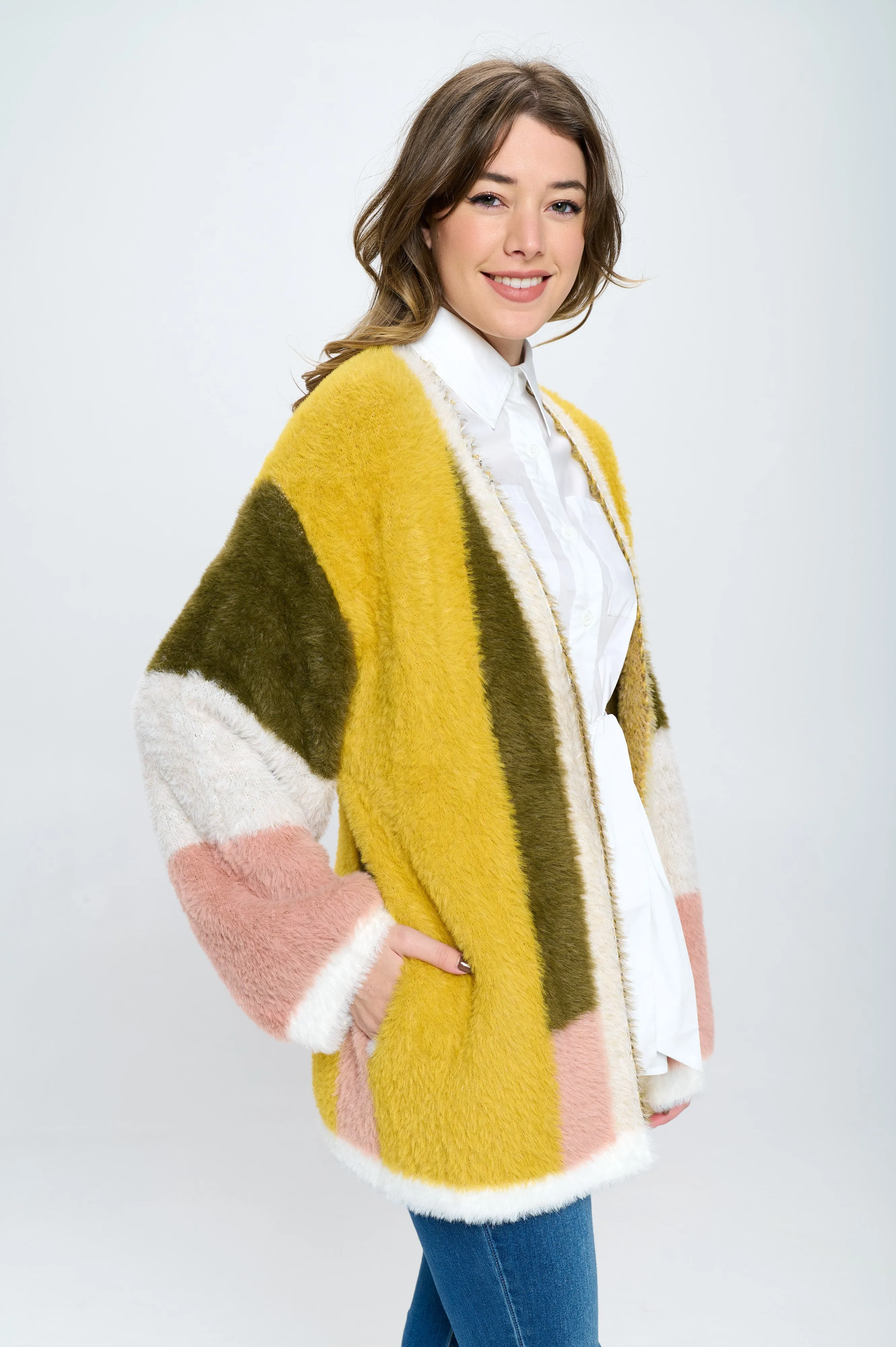 Colorblock Open Front Jacket in Retro Gold For Women