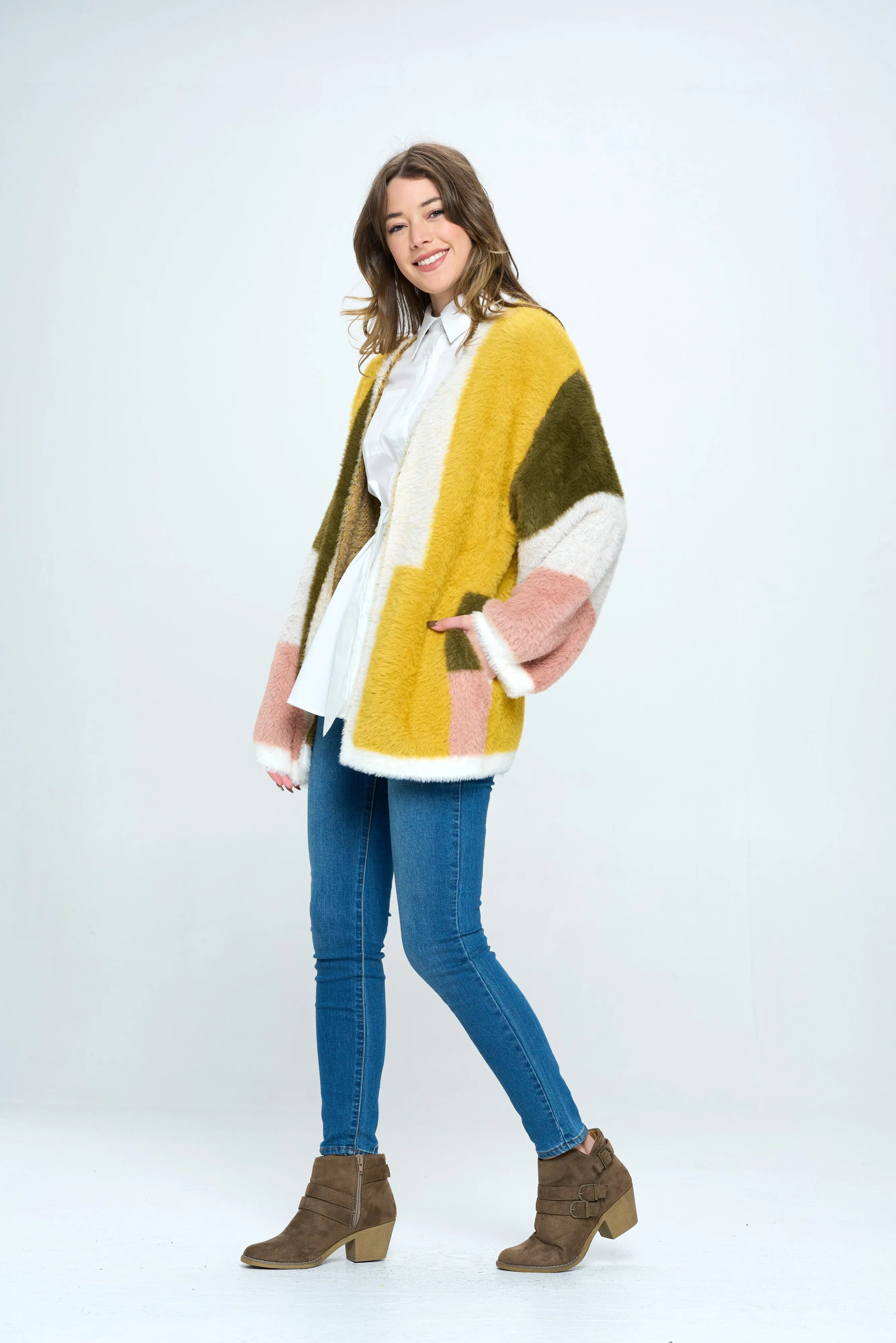 Colorblock Open Front Jacket in Retro Gold For Women