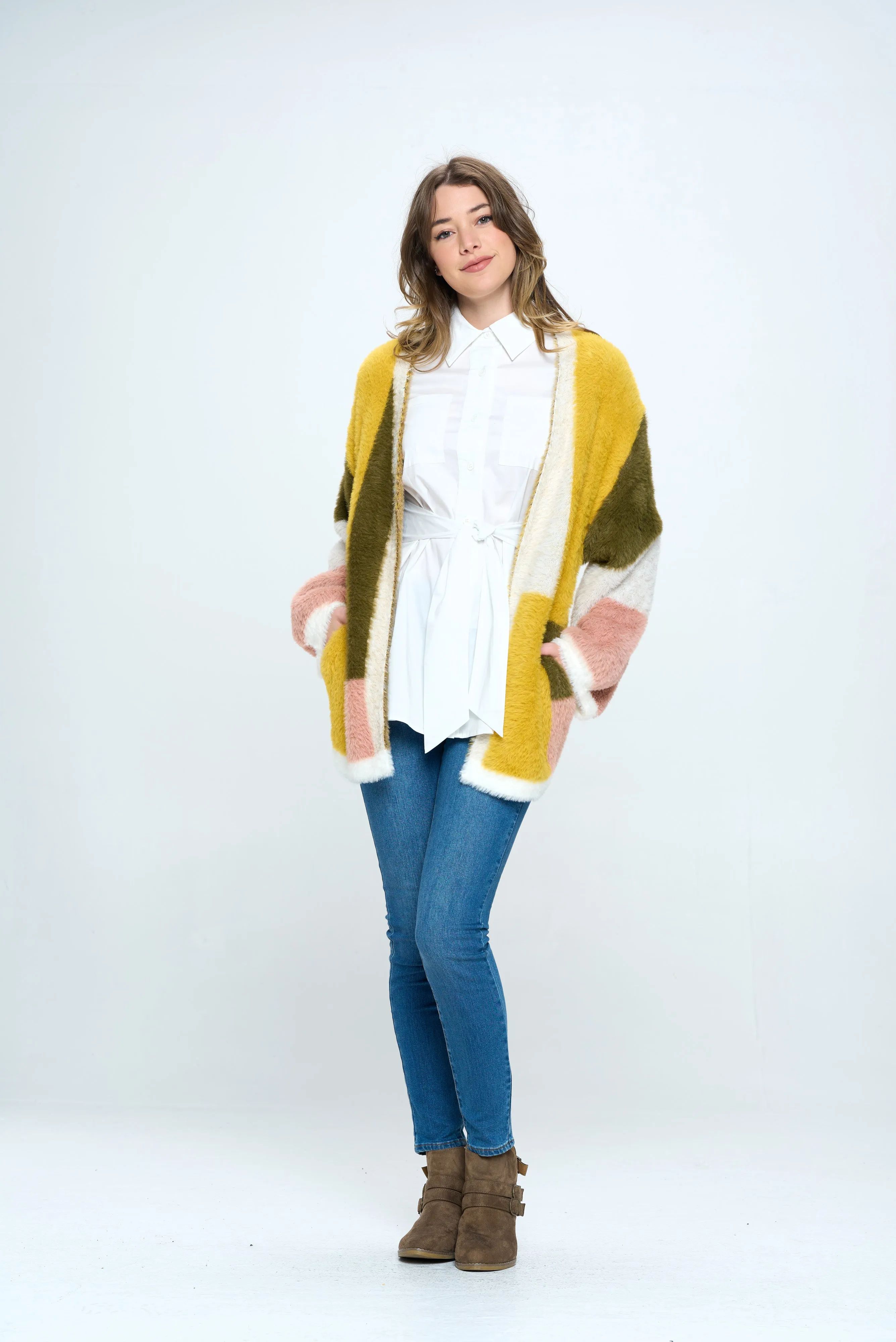 Colorblock Open Front Jacket in Retro Gold For Women