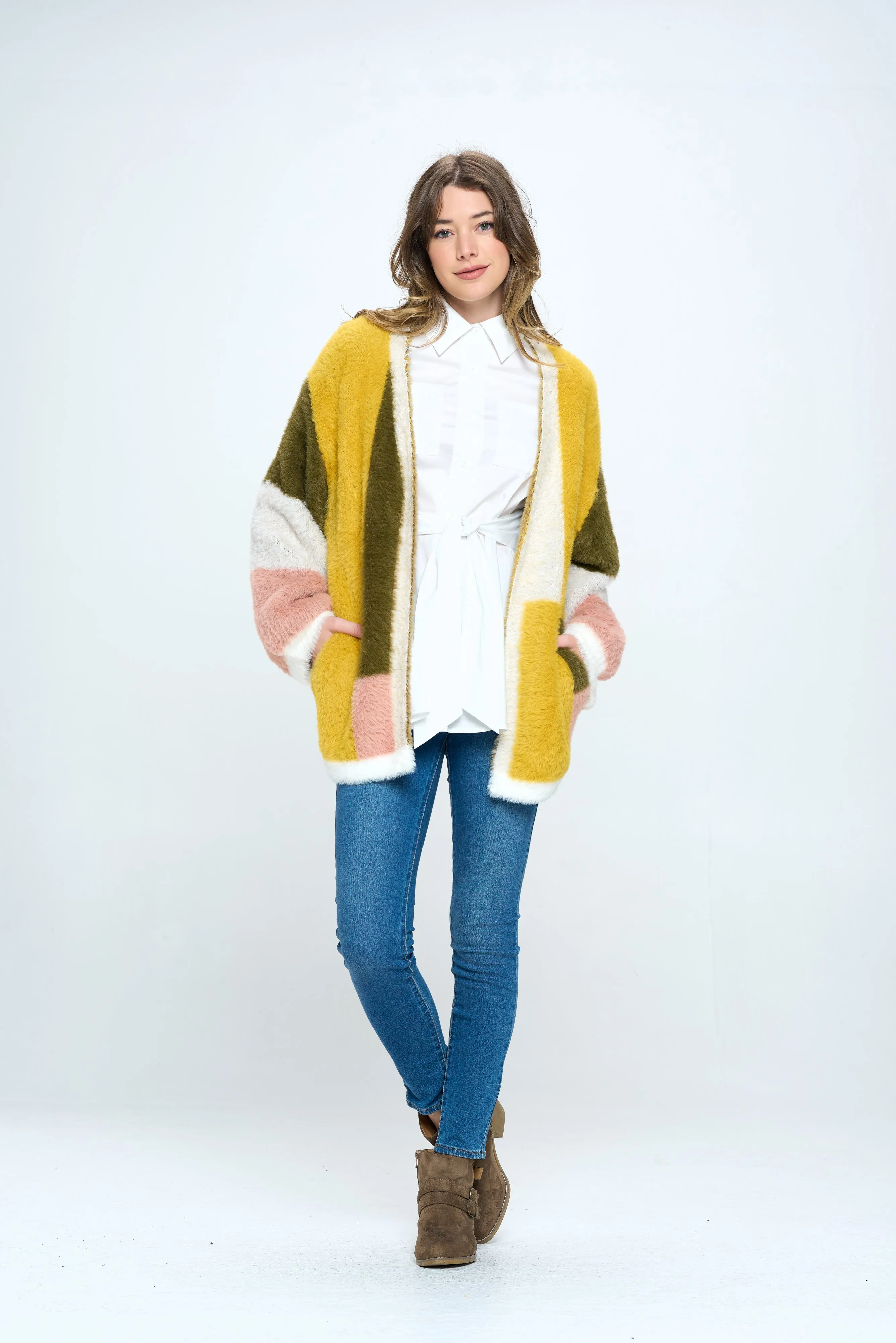 Colorblock Open Front Jacket in Retro Gold For Women