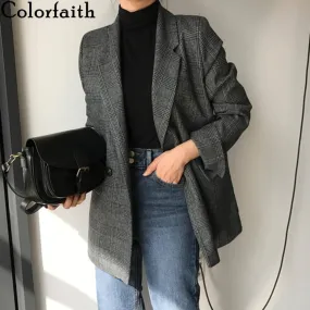 Colorfaith Autumn/Winter Women's Blazers Plaid Double Breasted