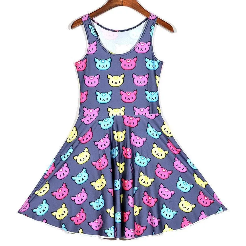 Colorful Kitty Cat All Over Pattern Print Sleeveless Skater Dress on Grey | DOTOLY