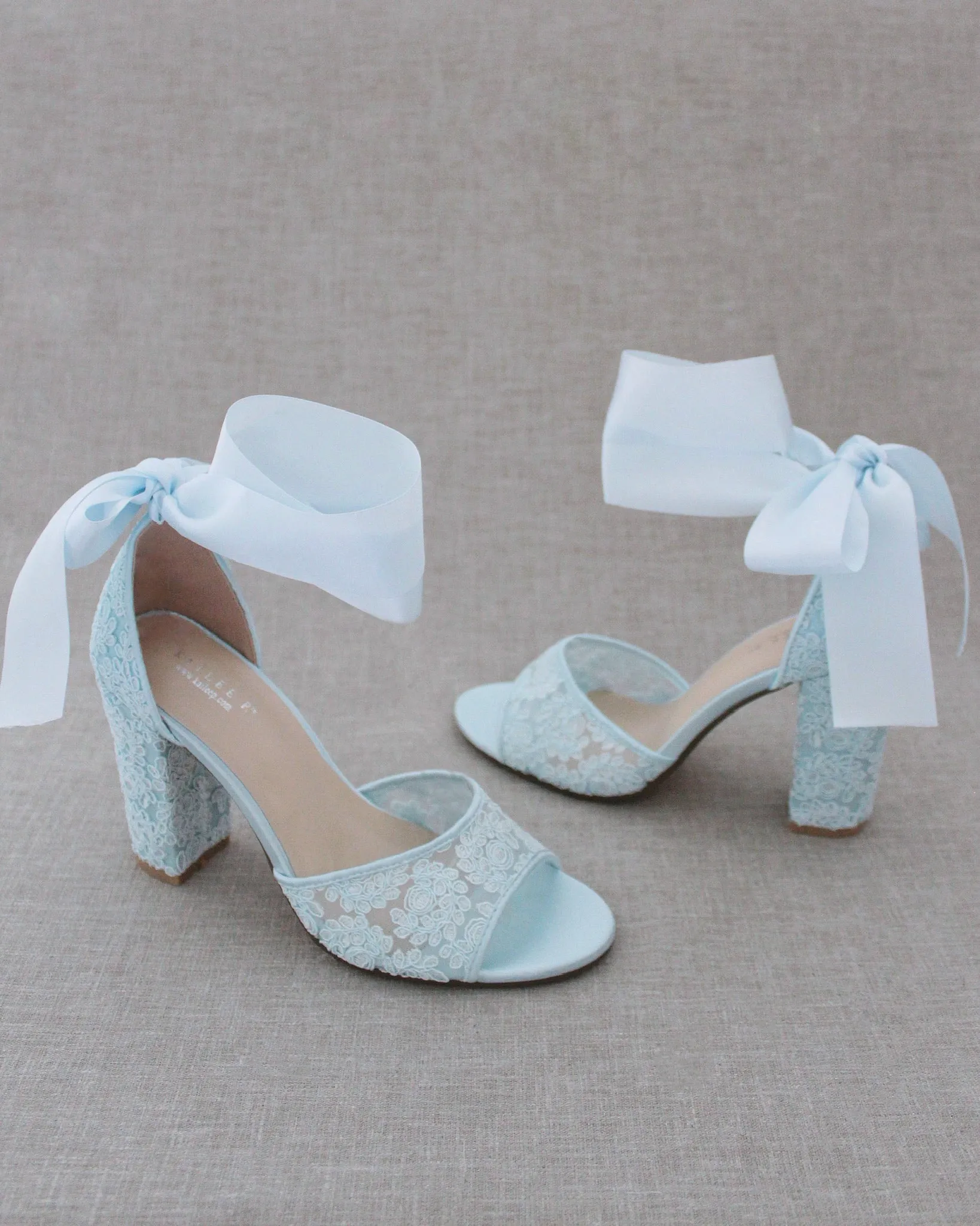 Crochet Lace Block Heel Sandals with Wrapped Ribbon Tie