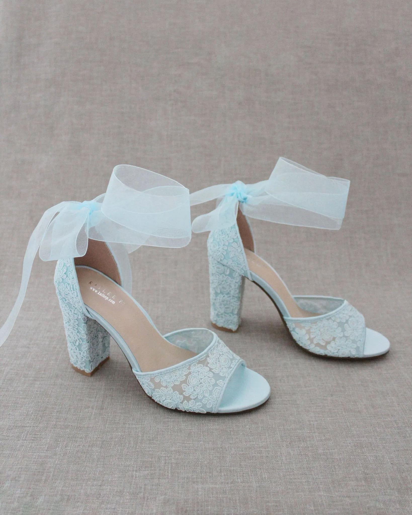 Crochet Lace Block Heel Sandals with Wrapped Ribbon Tie