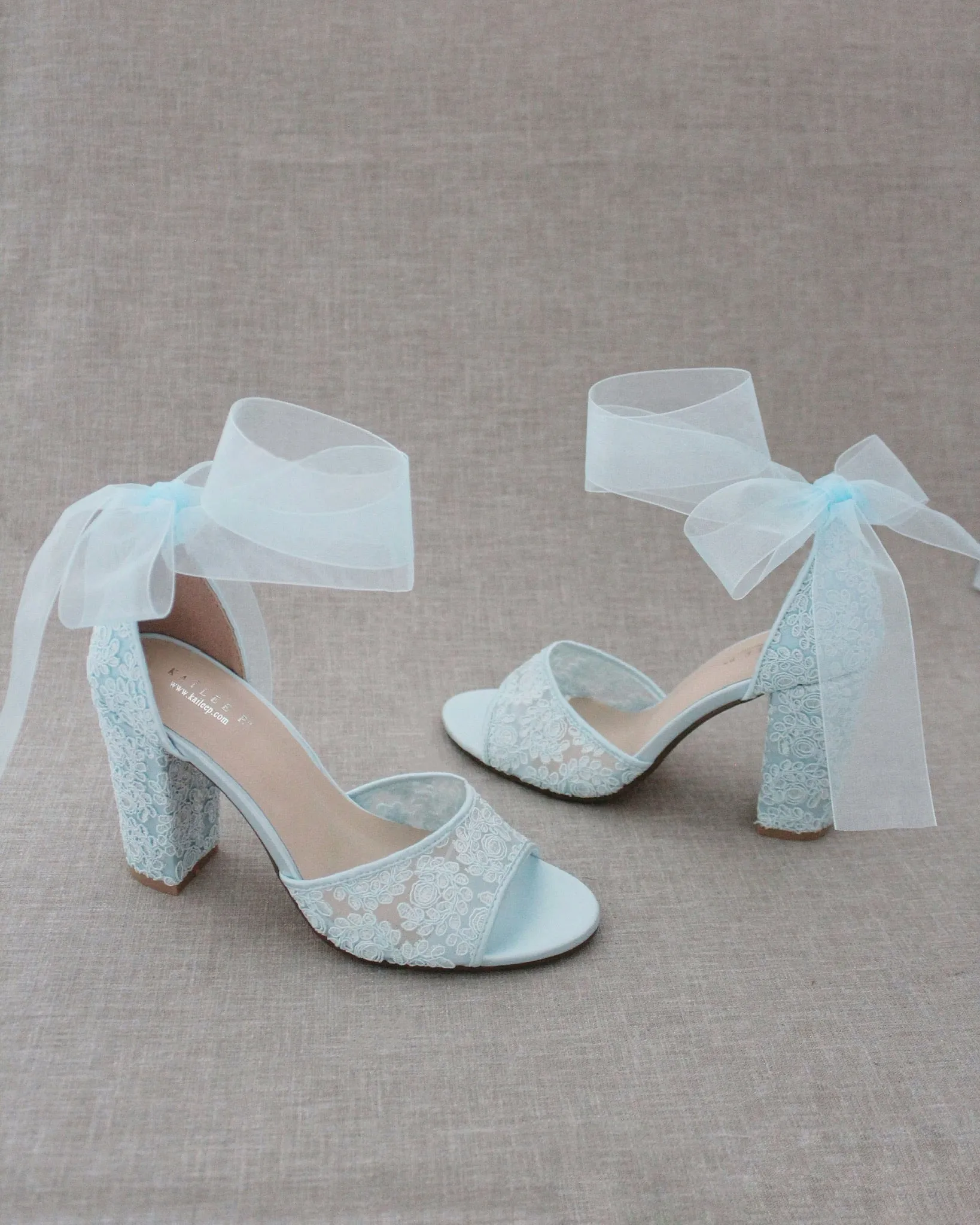 Crochet Lace Block Heel Sandals with Wrapped Ribbon Tie