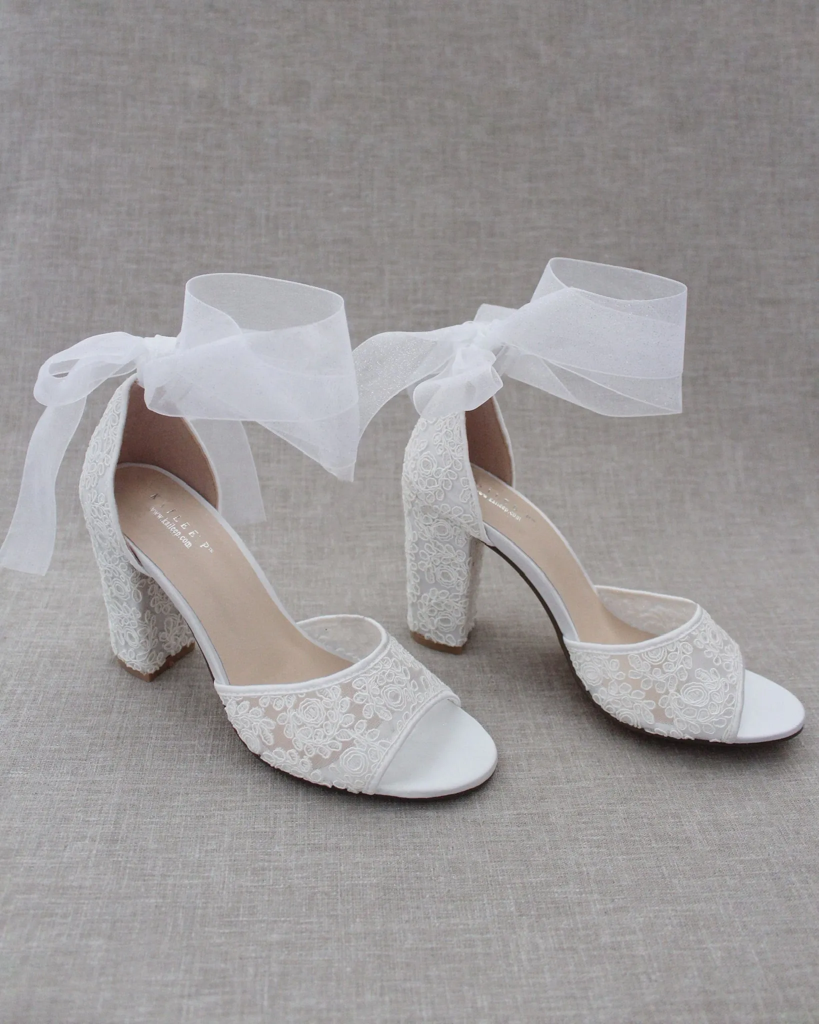 Crochet Lace Block Heel Sandals with Wrapped Ribbon Tie