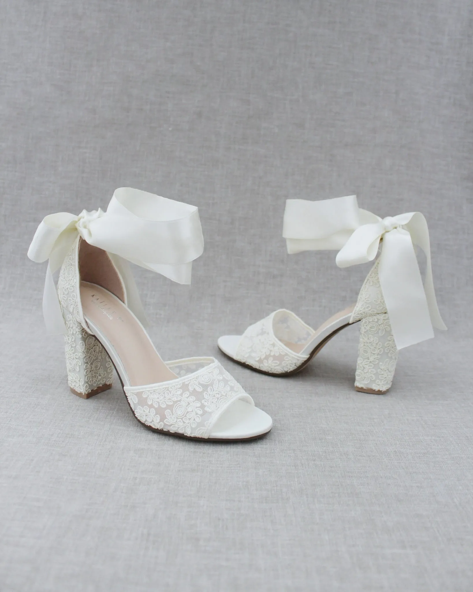 Crochet Lace Block Heel Sandals with Wrapped Ribbon Tie