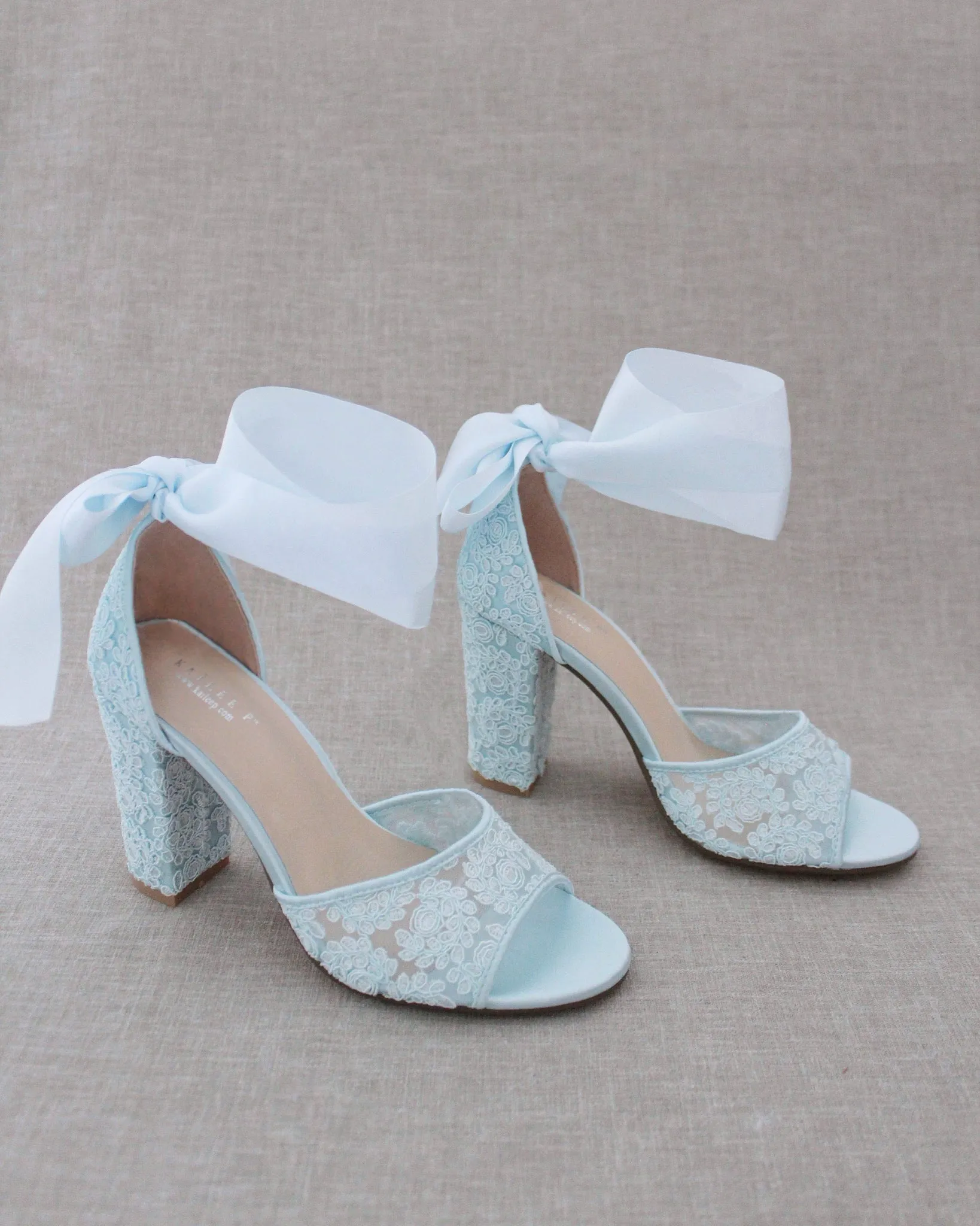 Crochet Lace Block Heel Sandals with Wrapped Ribbon Tie