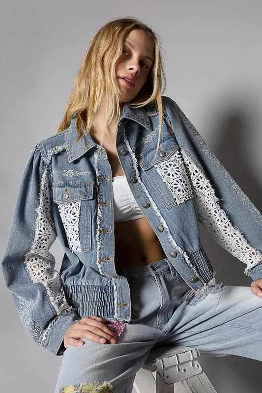 Crochet Patch Smoked Bottom Denim Jacket