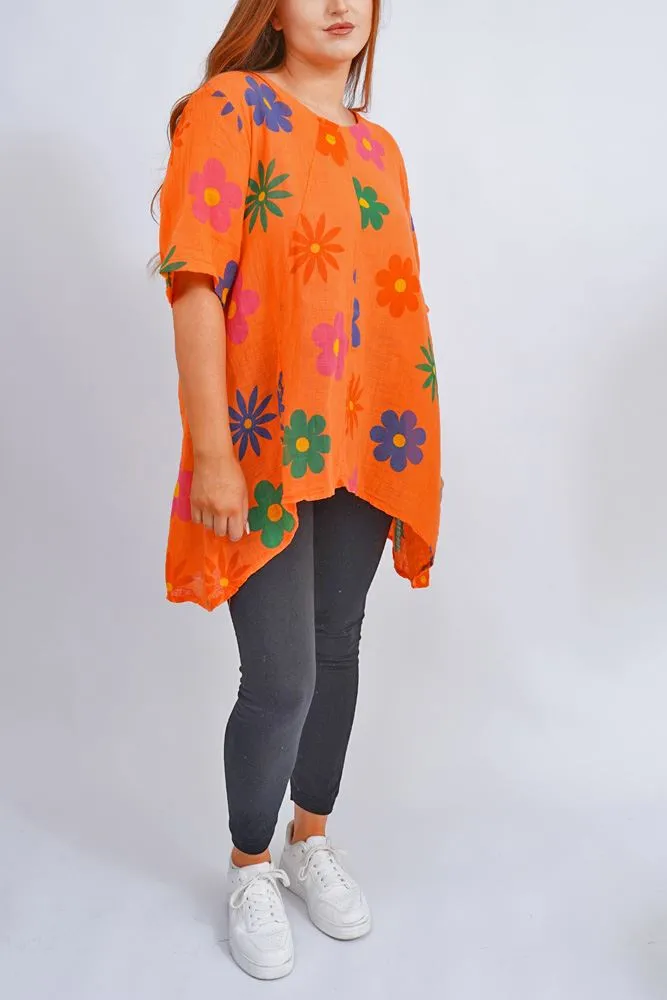 Daisy Flower Print Side Button Detail Cotton Top