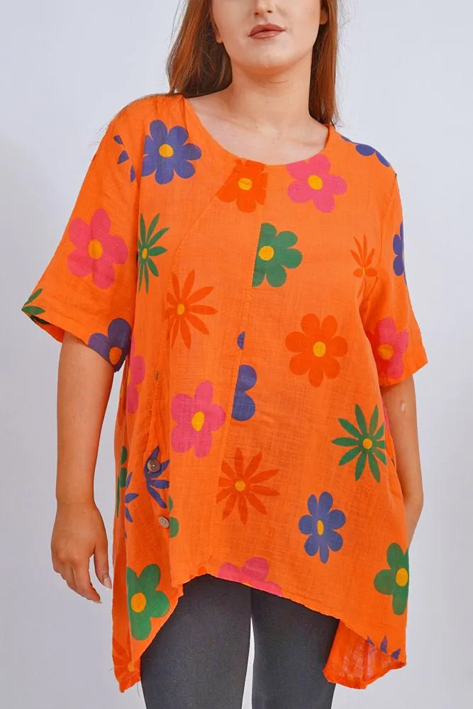 Daisy Flower Print Side Button Detail Cotton Top