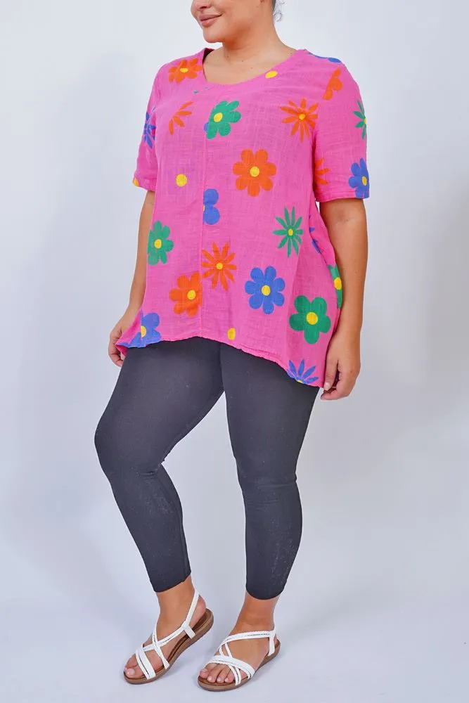 Daisy Flower Print Side Button Detail Cotton Top